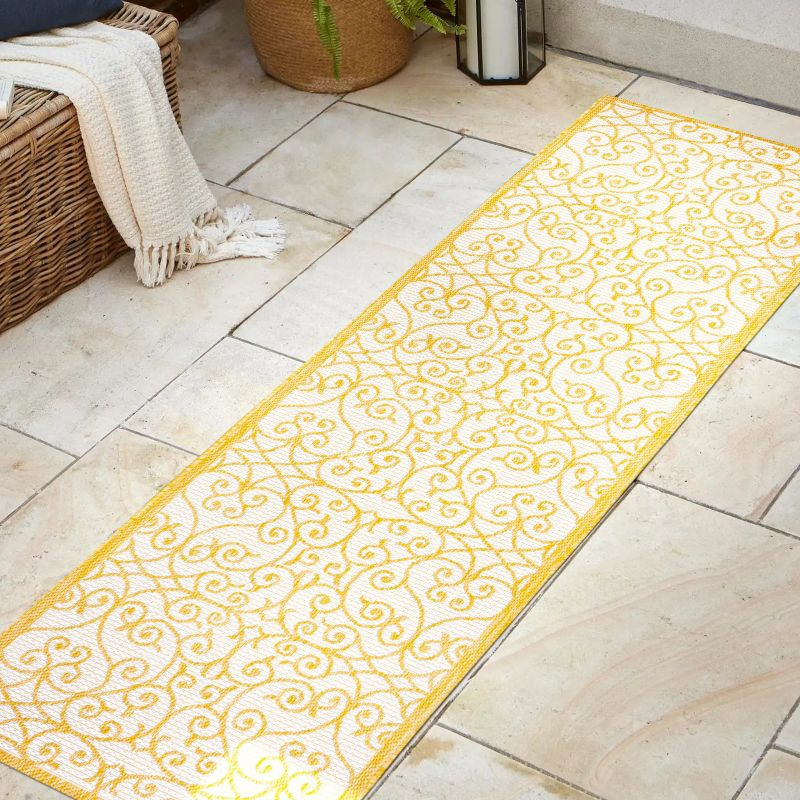 2' x 8' Madrid Vintage Filigree Textured Weave Indoor/Outdoor Runner Rug, Cream/Yellow - JONATHAN Y