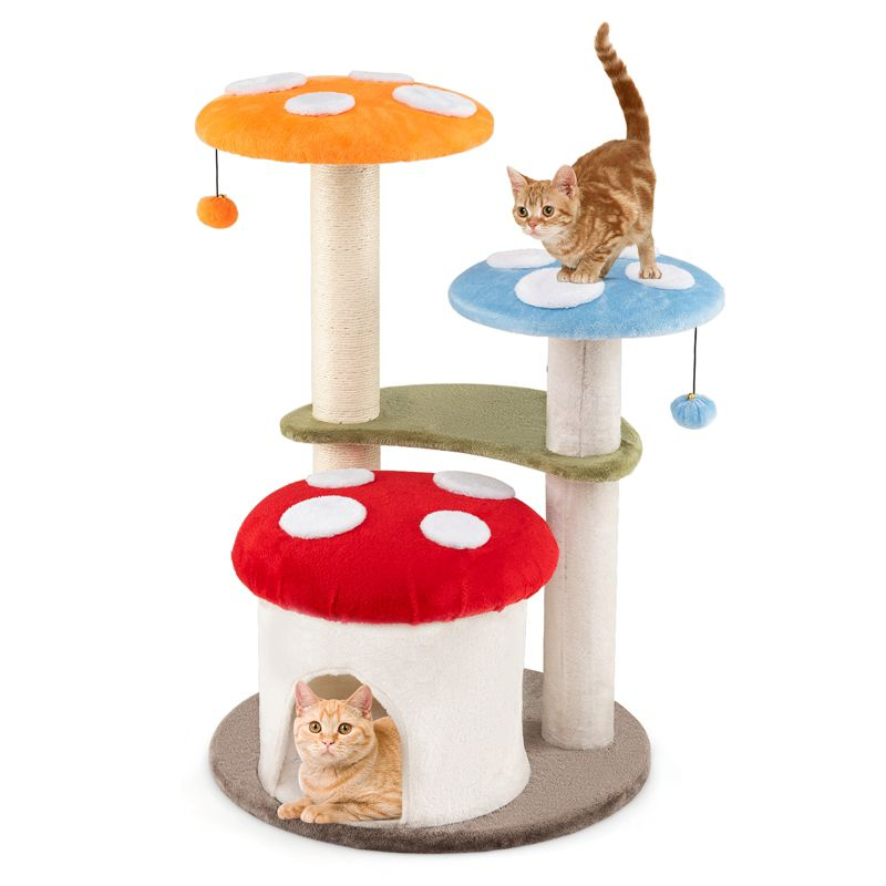 Tangkula Cute Mushroom Cat Tree 35" Tall Cat Tower w/ Sisal Scratching Posts Cat Condo