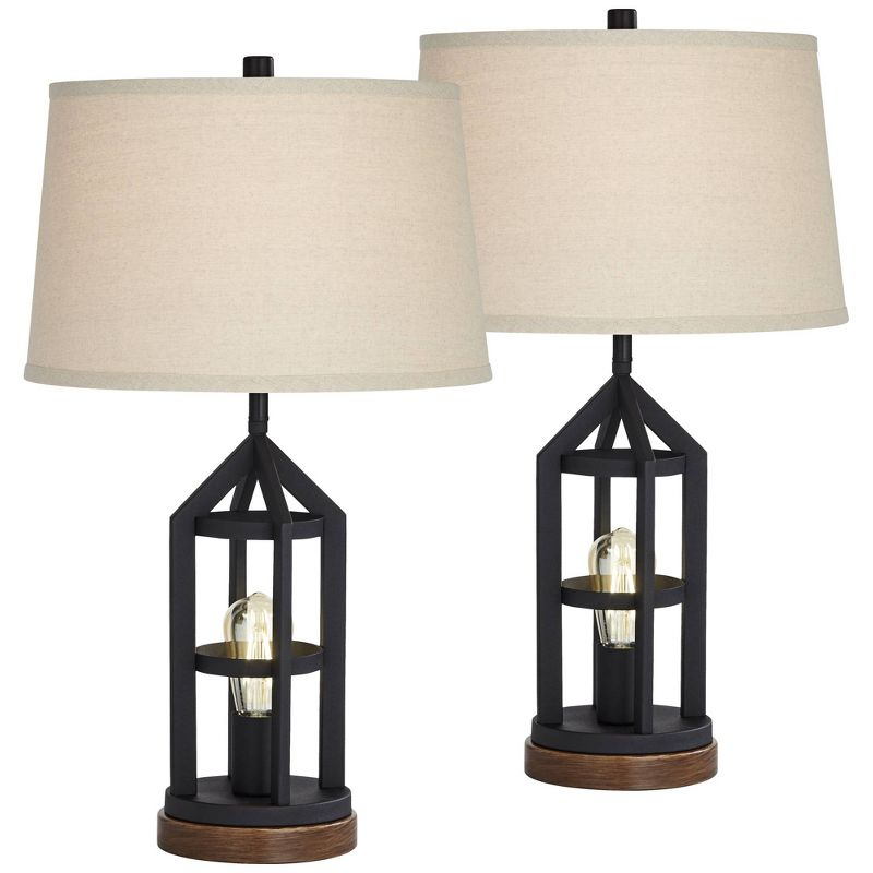 Franklin Iron Works Lucas Western Table Lamps 26" High Set of 2 Bronze with USB Charging Port and Nightlight LED Drum Shade for Bedroom Bedside Desk