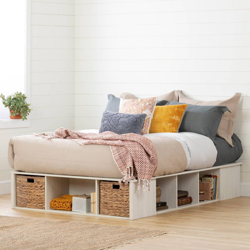 South Shore Full Lilak Storage Bed with Baskets Winter Oak/Rattan : Modern Bedroom Furniture, Particle Board Frame