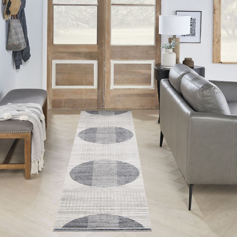 Nourison Astra Machine Washable Semi Circles Mid-Century Modern Indoor Bathroom, Kitchen Runner Rug Ivory Blue 2'2" x 12'