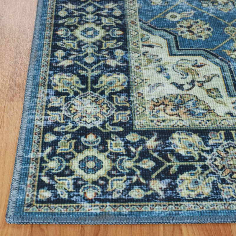 Vintage Distressed Floral Border Traditional Machine Washable Indoor Area Rug, 4' x 6', Blue - Blue Nile Mills