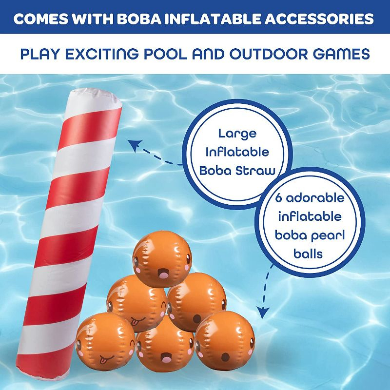 Inflatable 67 x 26 Large Kiddie Pool- Kawaii Inspired Kid's Pool w Mini Boba Beach Balls & Pool Noodle Straw - Family Sized For Summer Fun!