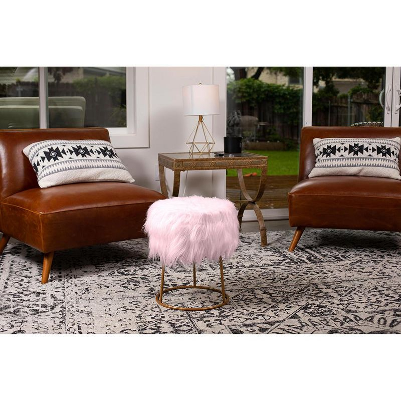 BirdRock Home Round Pink Faux Fur Foot Stool Storage Ottoman with Pale Gold Legs