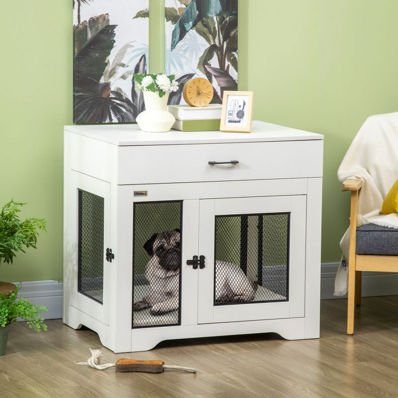 PawHut Dog Crate Furniture with Soft Water-Resistant Cushion, Dog Kennel End Table with Drawer, Puppy Crate for Small Dogs Indoor with 2 Doors, White