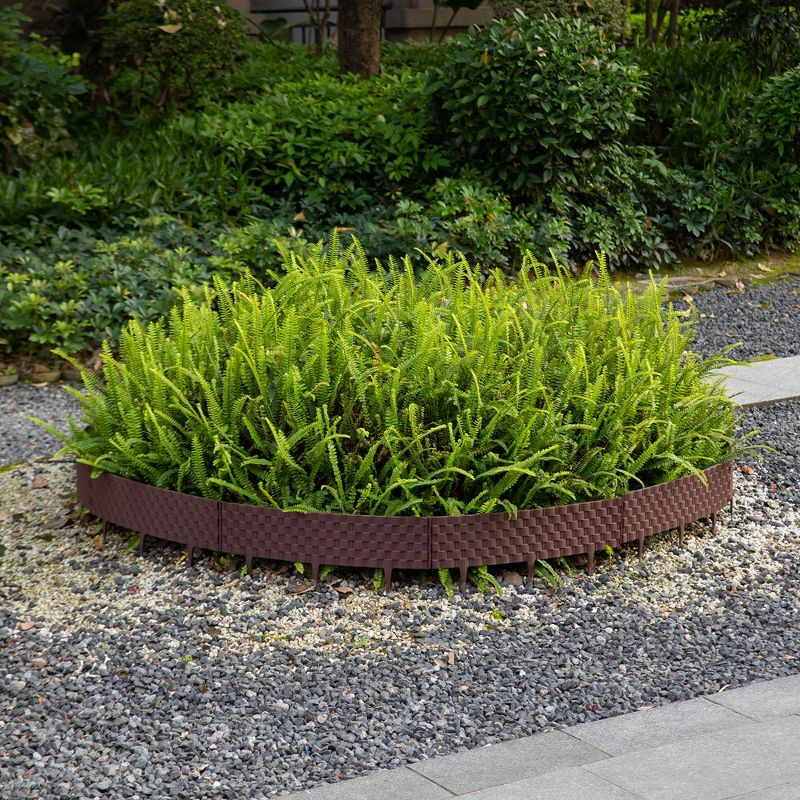 Gardenised Set of 8 Pcs Rattan-Inspired Plastic Landscape Edging and Garden Fence Borders in a Rich Coffee Hue for Lawn, Outdoor Patio, Garden