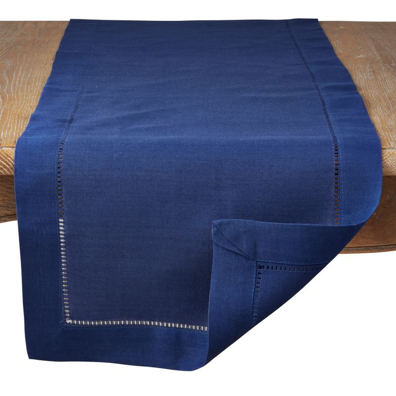 Saro Lifestyle Classic Hemstitch Border Table Runner, Navy Blue, 16" x 90"