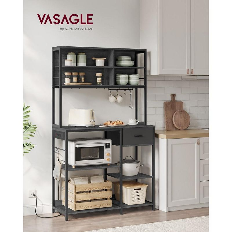 VASAGLE Bakers Rack with Charging Station, Coffee Bar Stand with Adjustable Storage Shelves, Fabric Drawer, 12 Hooks,Charcoal Gray and Ink Black