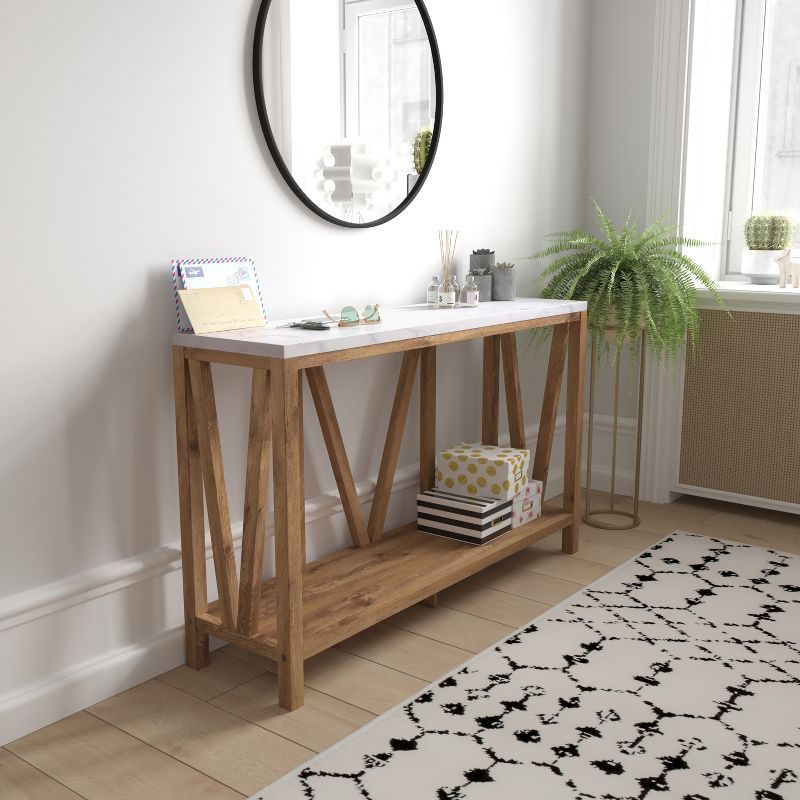 Flash Furniture Farmhouse Style Rustic Entryway Console Table - Warm Oak/Marble Finish Top