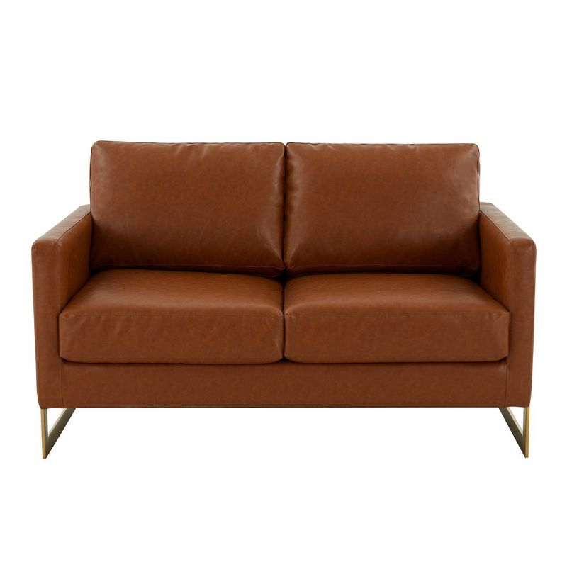 LeisureMod Lincoln Mid-Century Modern Upholstered Faux Leather Loveseat with Gold Frame