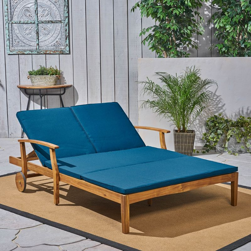Perla Acacia Wood Double Chaise Lounge Teak/Blue - Christopher Knight Home