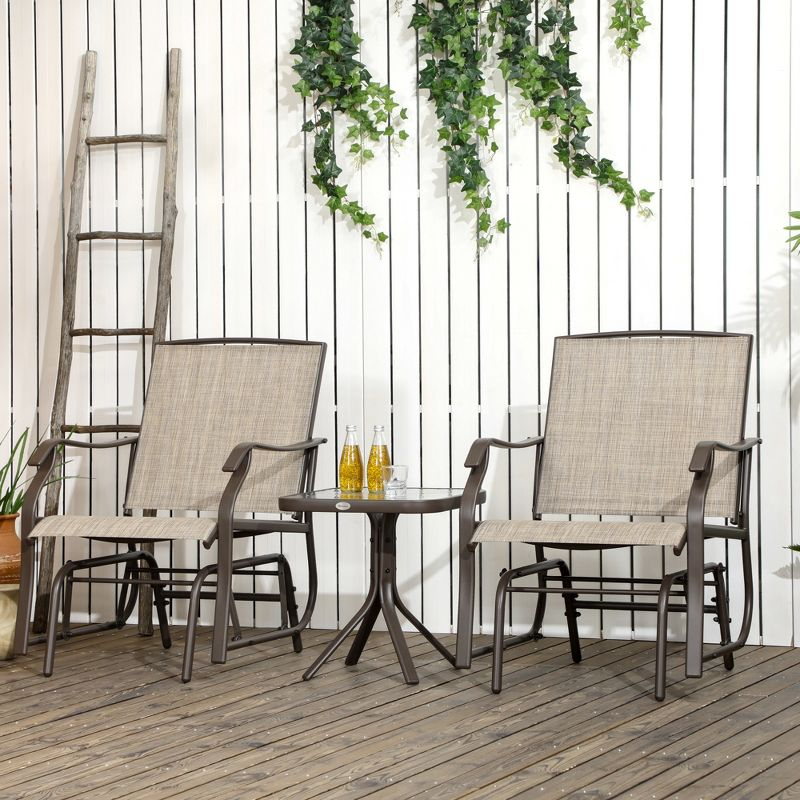 Outsunny 3 Piece Outdoor Glider Chair with Coffee Table Bistro Set, 2 Patio Rocking Chairs with Breathable Sling Fabric, Glass Tabletop, Mixed Brown
