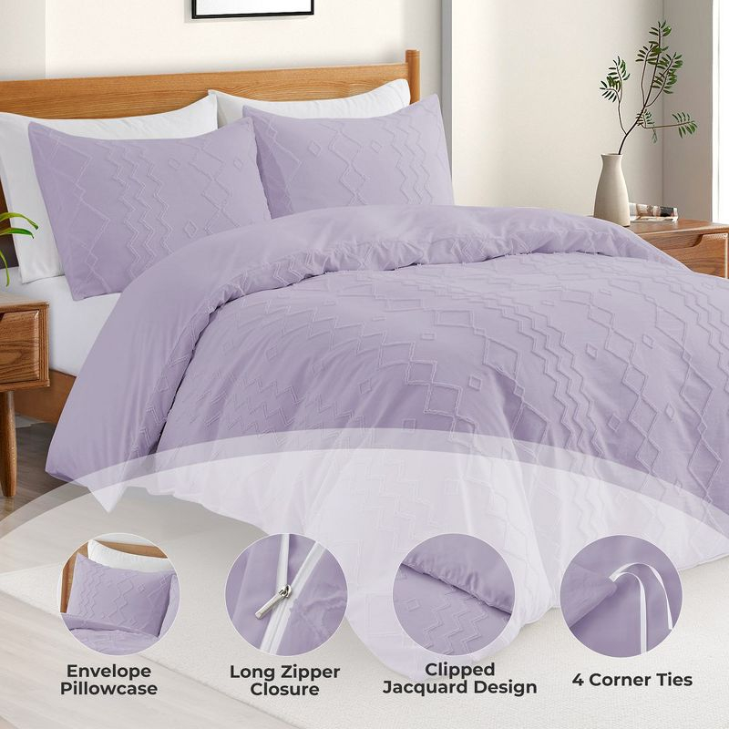 Peace Nest Tufted Clipped Jacquard Geometric Duvet Cover & Pillowcase Set, Diamonds Purple, Twin, 68"x90"