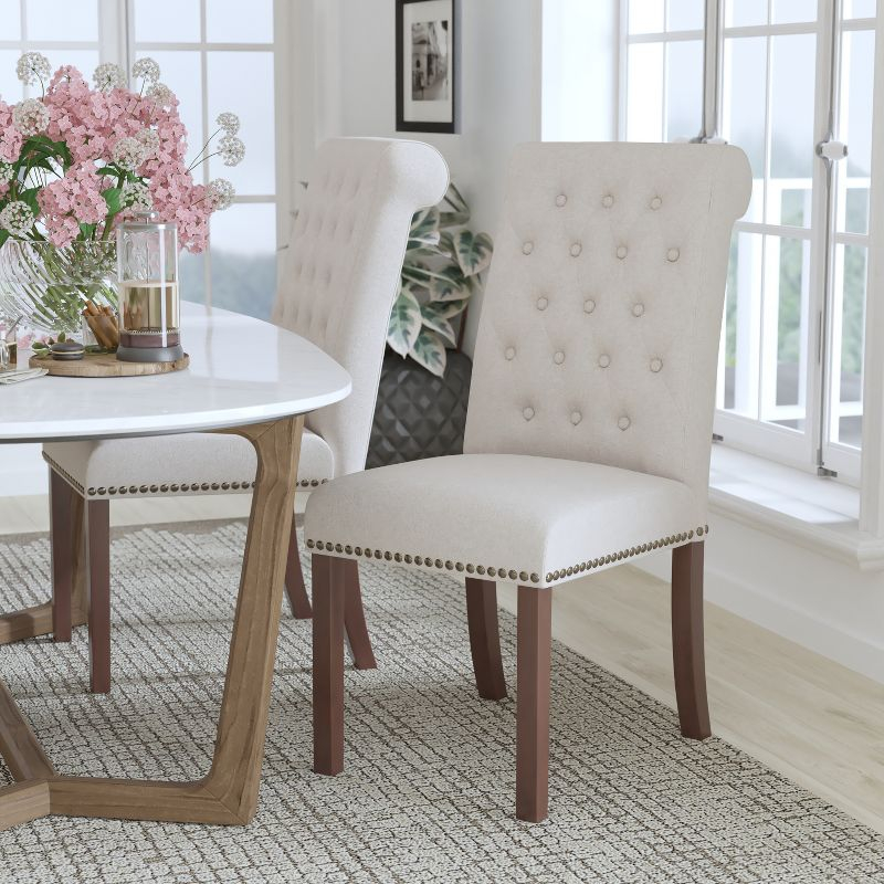 Flash Furniture HERCULES Series Beige Fabric Parsons Chair with Rolled Back, Accent Nail Trim and Walnut Finish