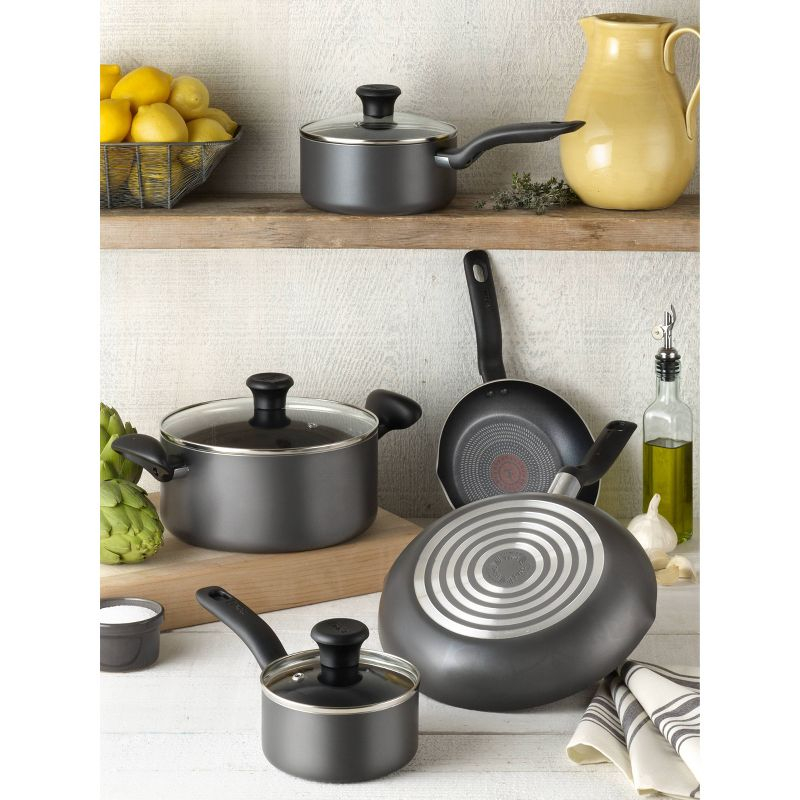 T-fal 10pc Initiatives Nonstick Cookware Set Black: Tempered Glass Lids, Stay-Cool Handles, Dishwasher & Oven Safe