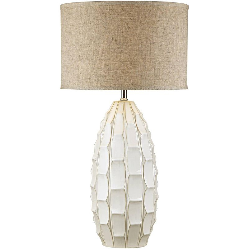 Possini Euro Design Cosgrove Modern Mid Century Table Lamp 32 3/4" Tall White Glazed Ceramic Beige Fabric Drum Shade for Bedroom Living Room Bedside