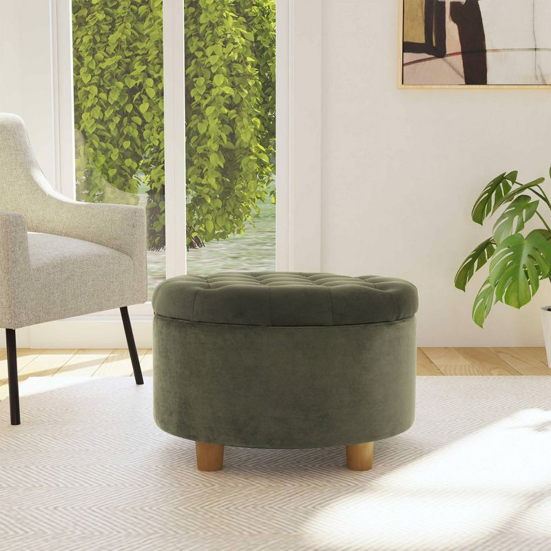 Tufted Round Storage Ottoman Loden Green Velvet - HomePop: Velvet Footstool, Honey Oak Legs, 250lb Capacity
