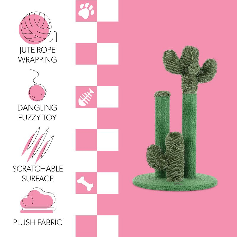 Marfa 25.25" Modern Jute Triple-Cactus Cat Scratching Post with Fuzzy Toy, Green