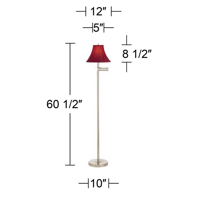 360 Lighting Modern Swing Arm Floor Lamp 60.5" Tall Brushed Nickel Red Silk Dupioni Bell Shade for Living Room Reading Bedroom Office