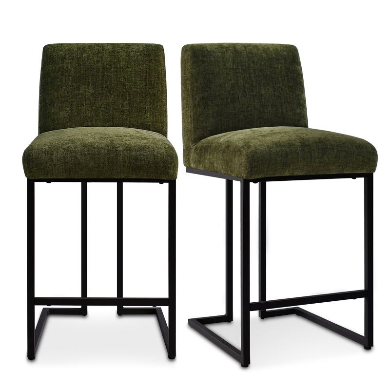 Mason Set of 2 Fabric Counter Height Stools,25" Armless Green Upholstered Fabric With Black Metal Sled Legs Counter Height stools-Maison Boucle