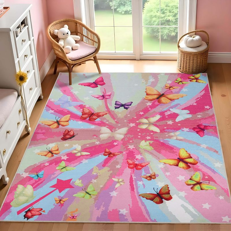 Butterfly Non-Slip Kids Playroom Nursery Washable Indoor Area Rug, 4'x6', Apricot - Blue Nile Mills