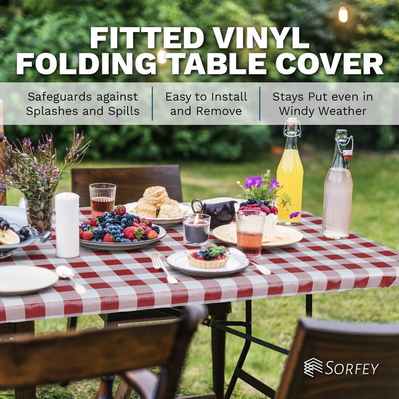 Tablecover -Fitted With Elastic, Vinyl With Flannel Back, Fits For Table 72"x 30" Rectangle, Checked Red Design, by SORFEY