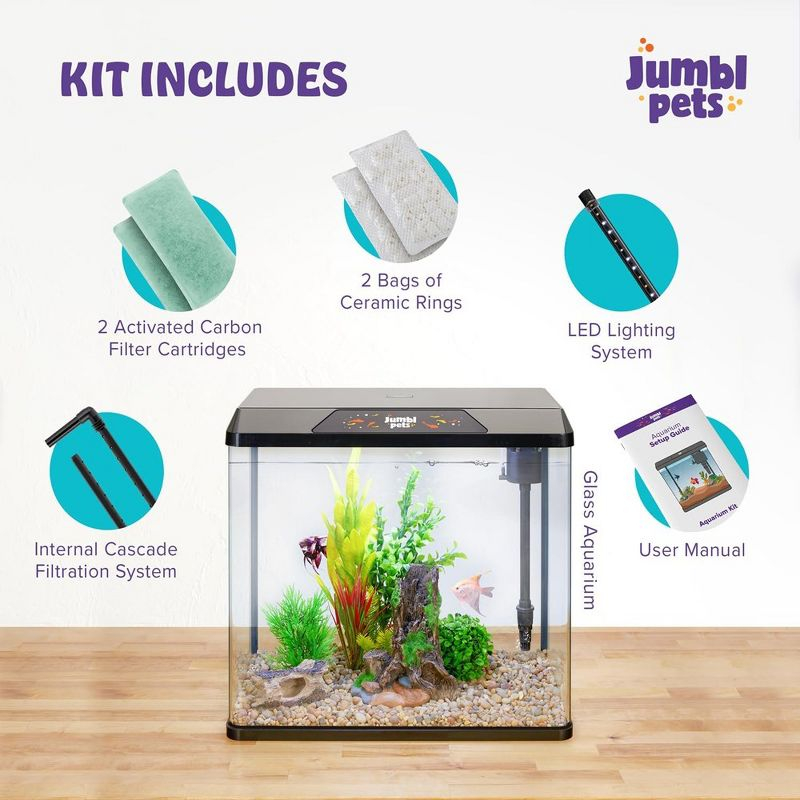 JumblPets Starter Fish Aquarium Kit, Beginner Glass Fish Tank Kit w/LED Lighting & More (10 Gallon)