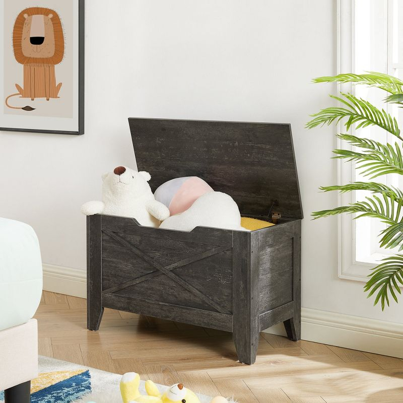 VECELO 30" Storage Ottoman Wooden Bench with Wicker-Knot Cushions Toy Box Organizer with Safety Hinges Charcoal Gray