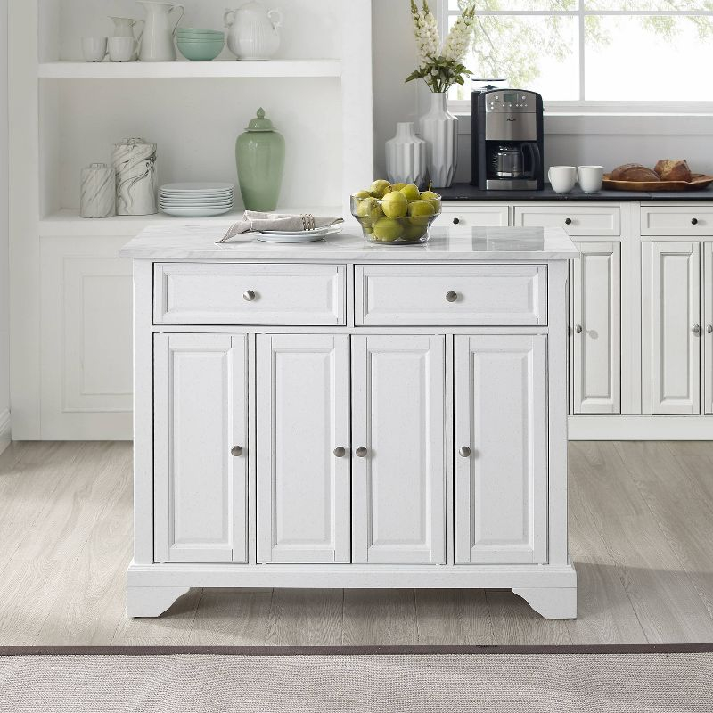 Avery Kitchen Island/Cart Distressed White/White Marble - Crosley: Adjustable Shelves, Particle Board Frame, 6 Shelves, 2 Drawers