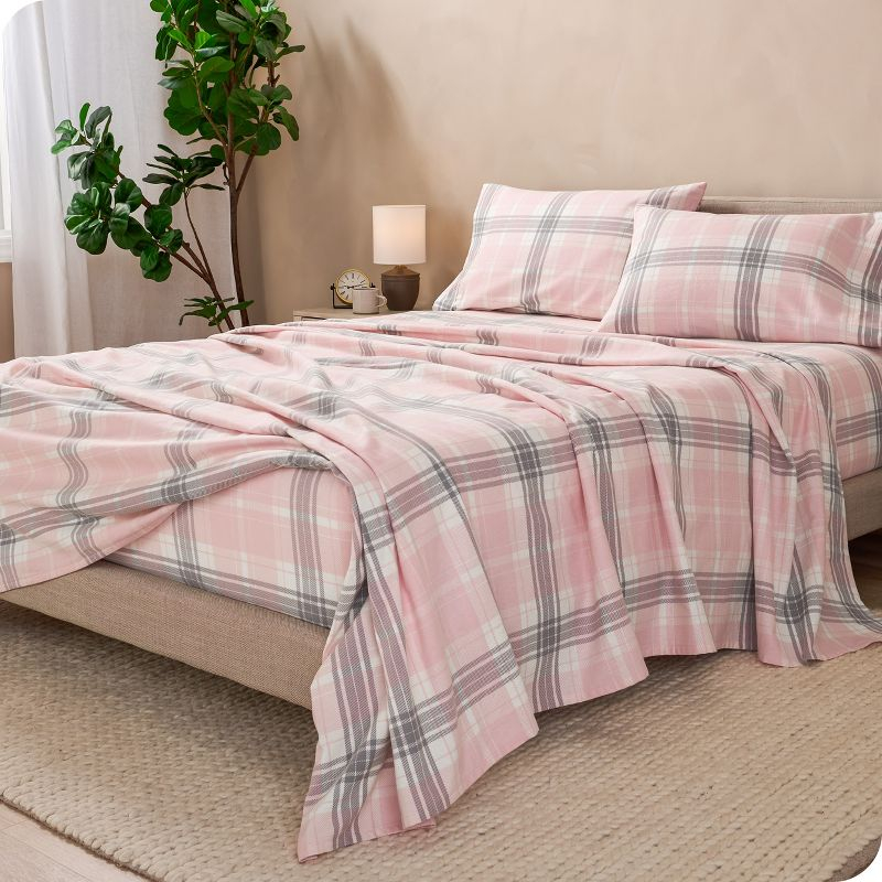 Aurora Plaid - Pink Cotton Flannel Full Sheet Set by Bare Home