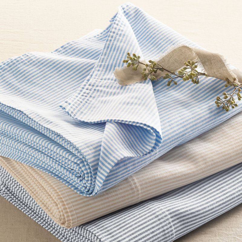 Lands' End Cotton Oxford Stripe Bed Sheet Set - King - Deep Sea Navy Stripe