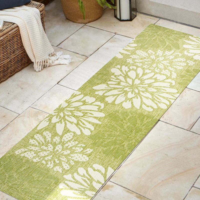 2' x 10' Zinnia Modern Floral Textured Weave Indoor/Outdoor Runner Rug, Green/Cream - JONATHAN Y