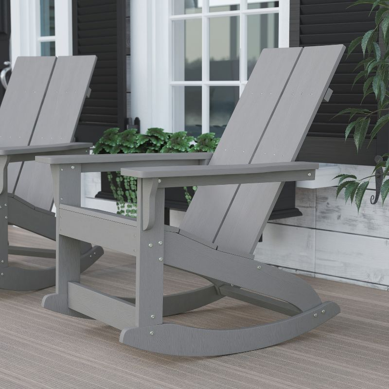 Flash Furniture Finn Modern All-Weather 2-Slat Poly Resin Wood Rocking Adirondack Chair with Rust Resistant Stainless Steel Hardware in Gray