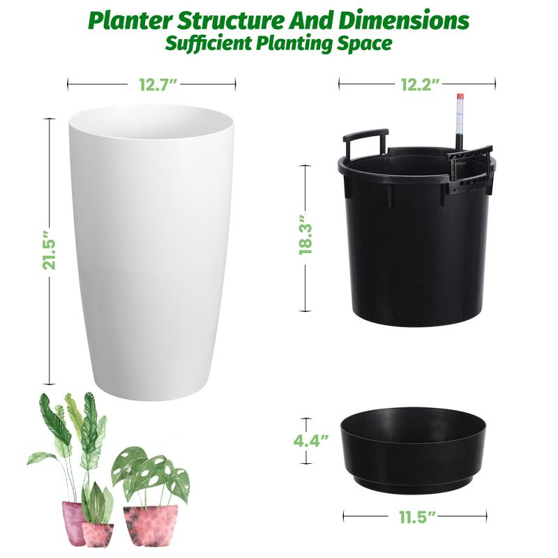 22" Tall Planter Set of 2, Self Watering Pots Indoor & Outdoor, Large Flower Pot with Water Level Monitor, for Patio, Porch, Home Office, White