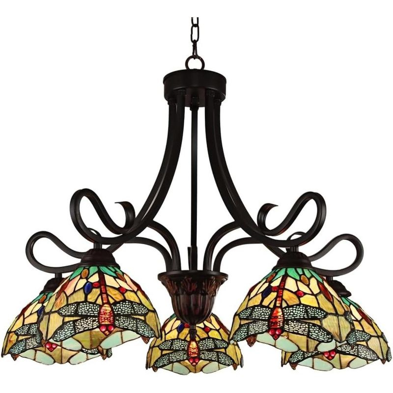 Chloe Lighting Empress Dragonfly Tiffany-Style Dark Bronze 5 Light Large Chandelier 27 Inch Wide