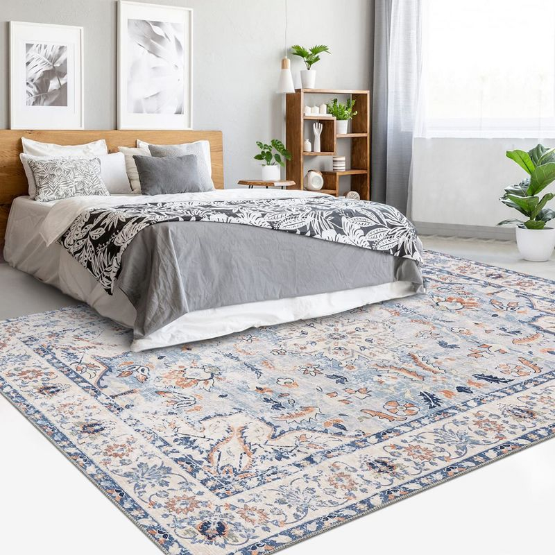 9x12 Area Rug Vintage Medallion Distressed Rug Machine Washable Area Rugs for Living Room Non-Slip Stain Resistant Accent Rug, Blue