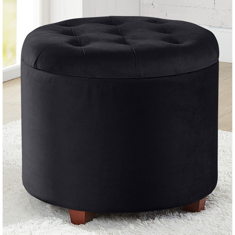 Ornavo Home Velvet Upholstered Round Tufted Storage Ottoman with Wooden Legs - Black