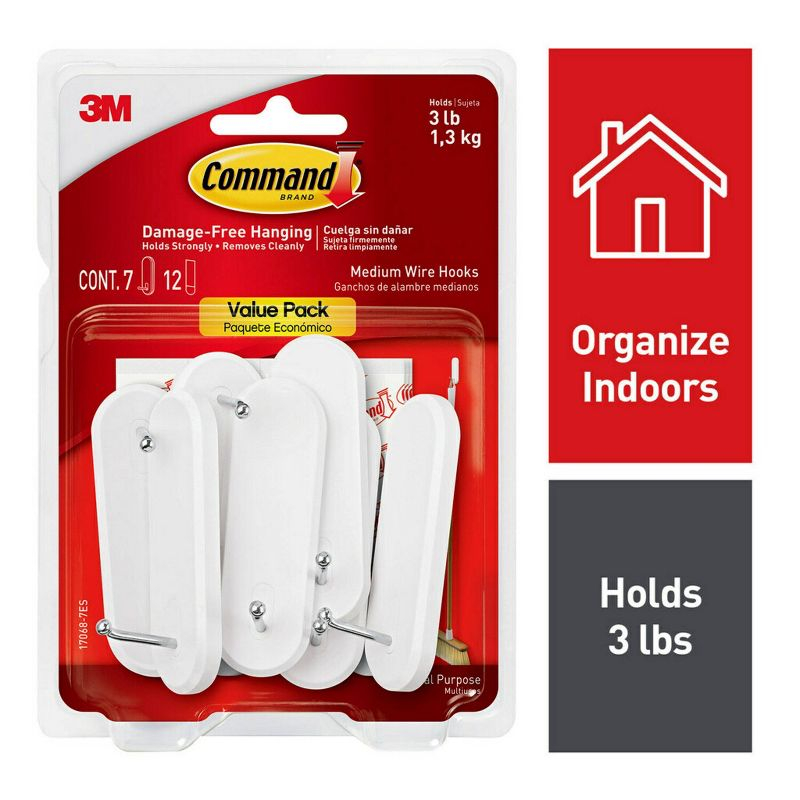 Command Medium Sized Wire Decorative Hooks White: Adhesive Wall Hooks, 3 lb Capacity, 7 Pack