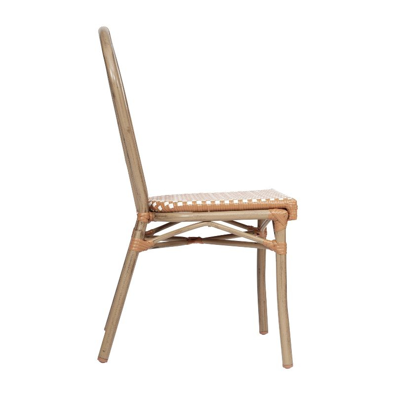 Flash Furniture 4 PK Lourdes Indoor/Outdoor Commercial Thonet Bistro Stack Chair, Natural/White PE Rattan & Bamboo Print Aluminum Frame in Light Nat