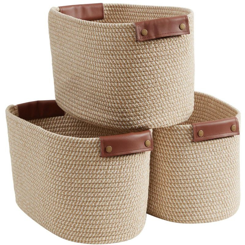 Ornavo Home 3 Pack Cotton Rope Shelf Storage Basket with Faux Leather Handles - Multi Brown