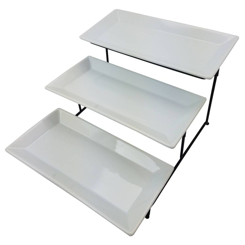 Gibson Elite Porcelain Gracious Serving Plate Set with Metal Stand: Tiered Cupcake & Serving Tray, Rectangle
