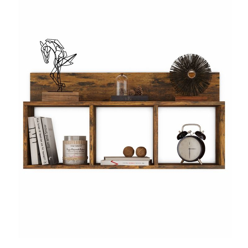 Danya B. 31.5" x 15.7" Rustic Floating Triple Cubby Shelf Aged Wood - Wall Mount, Display Ledge, MDF