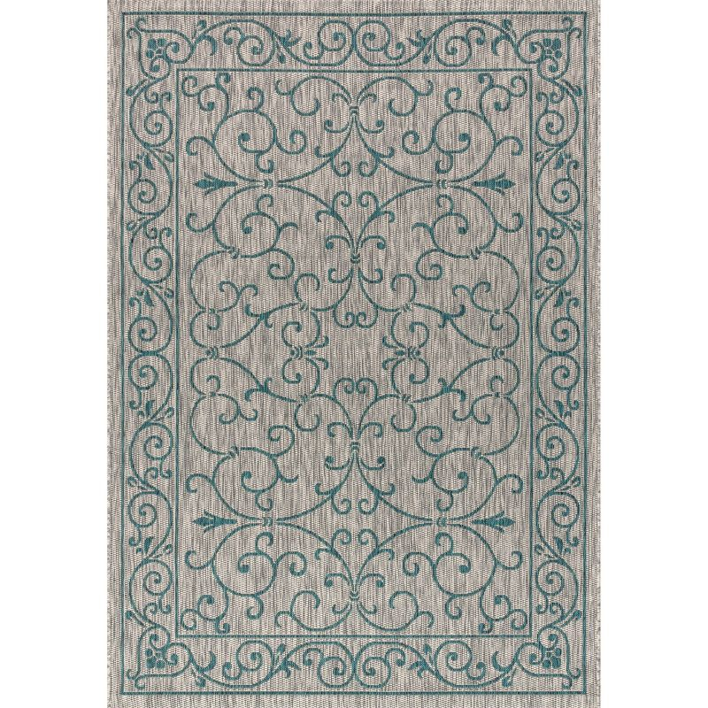 5'x8' Charleston Vintage Filigree Textured Weave Indoor/Outdoor Area Rug, Gray/Teal - JONATHAN Y