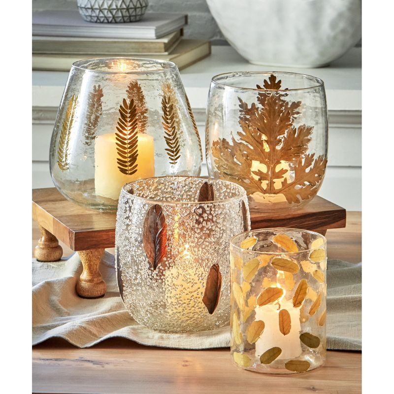 tag Botanica Clear Glass Pillar Candle Holder with Embedded Small Brown Leaves Hurricane, 3.9L x 3.9W X 5.1H inch