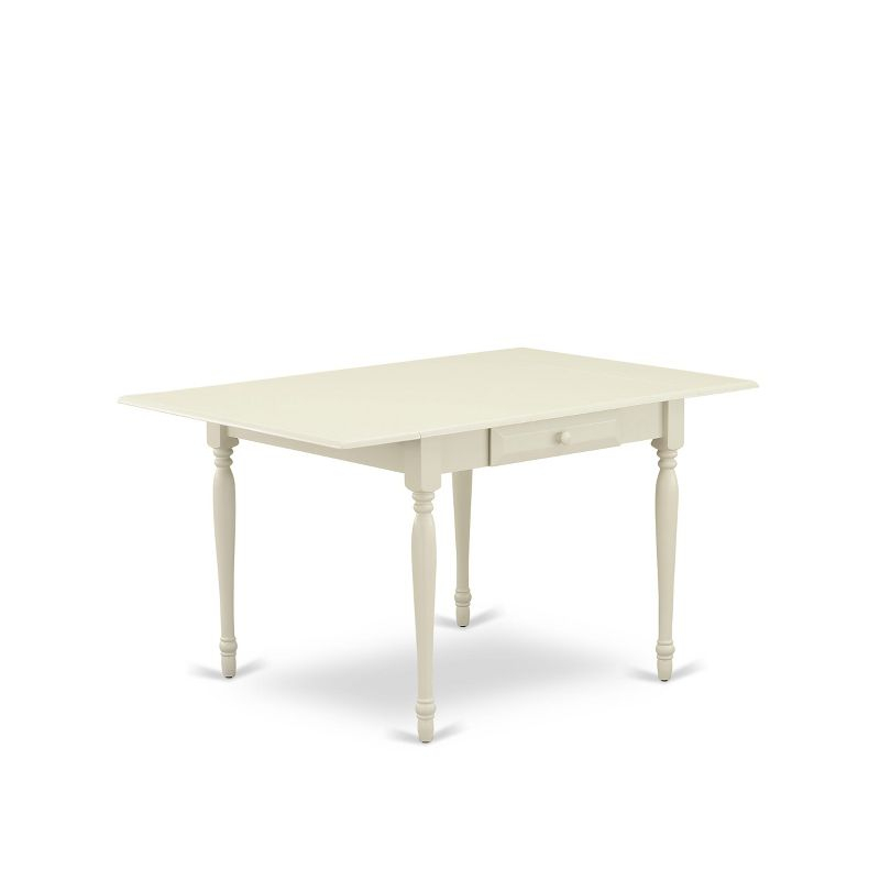 East West Furniture, 5 Piece Dining Table Set Consists of a Rectangle Solid Wood Table with Dropleaf and 4 Upholstered Chairs, linen white