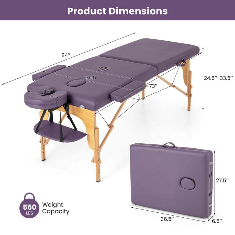Costway 84" Portable & Foldable Massage Salon Spa Facial Care Tattoo Bed with Carrying Bag Purple