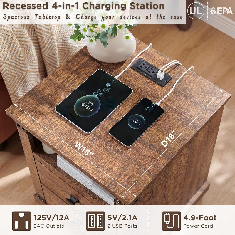 Nightstand with Charging Station & 2 Drawers, Farmhouse 18" Wide Night Stand, Rustic End Table for Bedroom, Reclaimed Barnwood