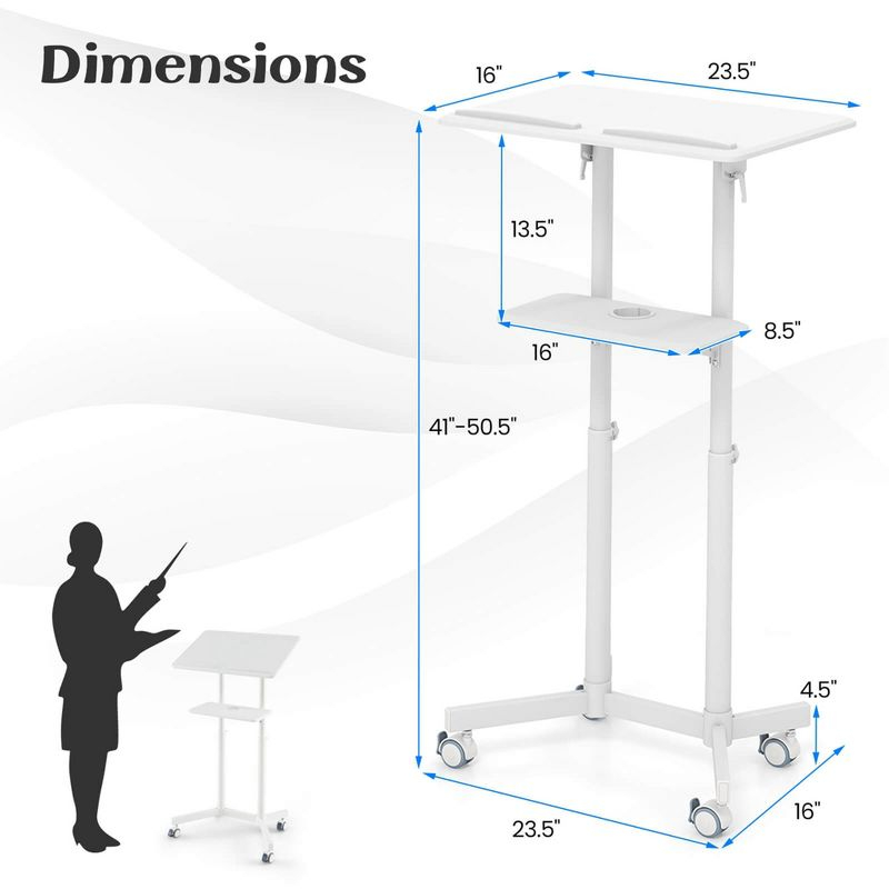 Costway 1 PCS Mobile Lectern Podium with Tilting Top Storage Tray Lockable Casters White