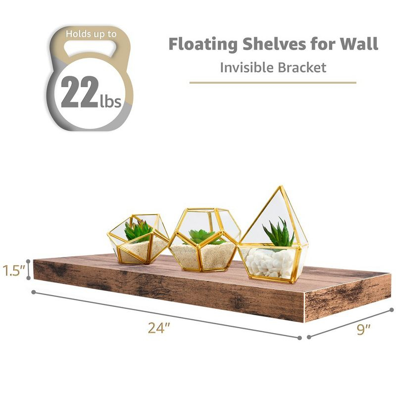 Set of 3 (24"x9") Sorbus Rectangle Floating Shelves with Invisible Brackets - for Bedroom, Kitchen Decor, Bathroom Shelves (Mahogany)
