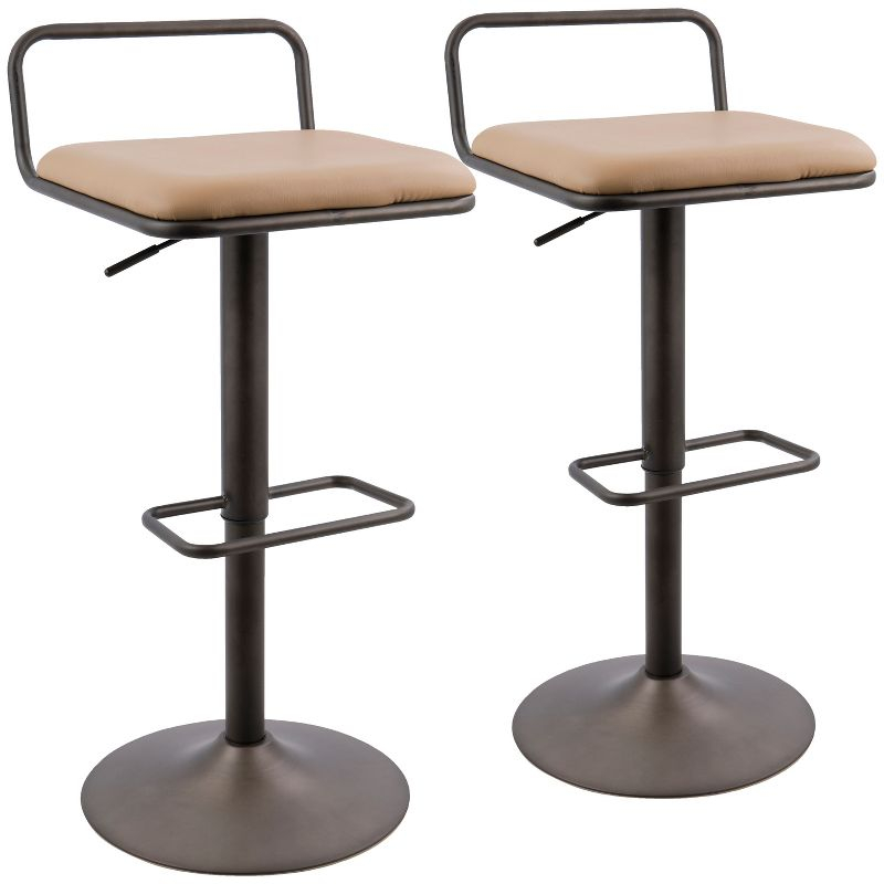 LumiSource Set of 2 Beta Industrial Adjustable Barstools Antique/Camel: Metal Frame, Faux Leather, Low Back Design
